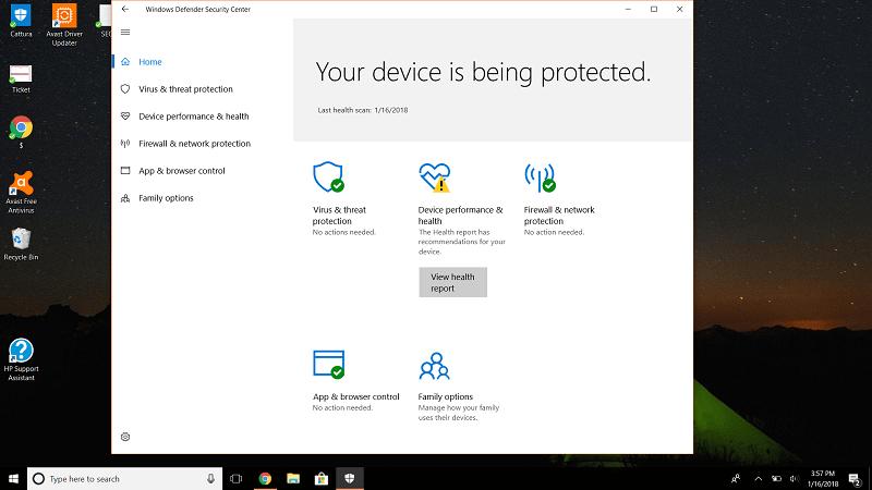 Windows 10의 Windows Defender 인터페이스