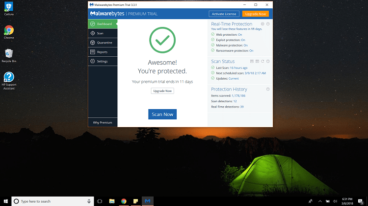 Интерфейс MalwareBytes в Windows 10