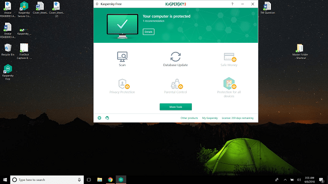 Kaspersky's interface as seen on Windows 10