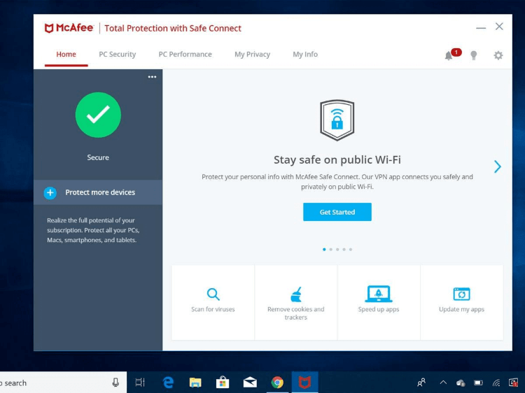 Interface do usuário do McAfee 2020