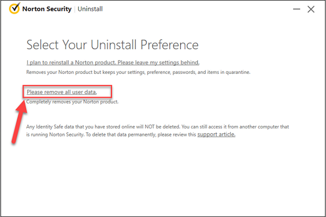 norton uninstall preference